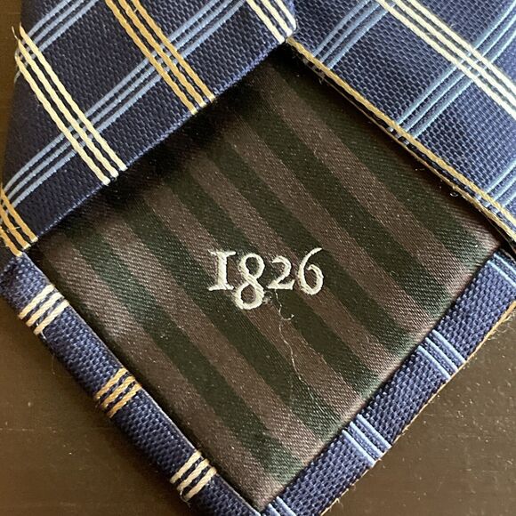 Black Brown 1826 Neck Tie Solid Blue With Brown White Stripes 100% Silk - 61 In - Picture 4 of 5